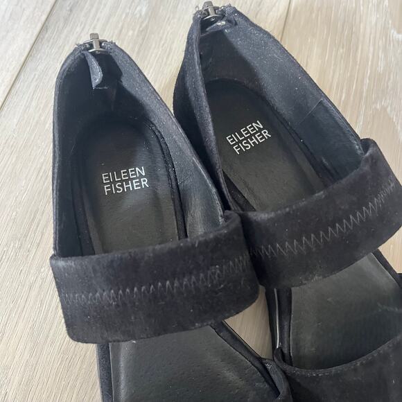 Eileen Fisher Marlow Mary Jane Women's 8 Black Suede Low Wedge Shoe Zip Back - Picture 5 of 10